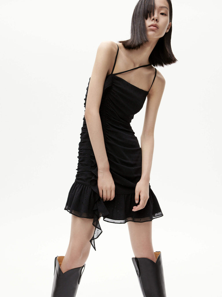 MO&Co. Women's Black Pleated Detail Ruffle Cami Dress in Mini Length