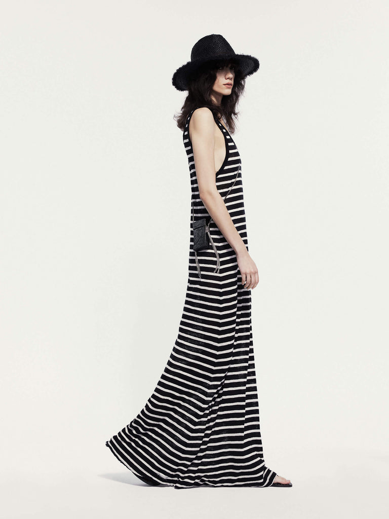 MO&Co. Noir Women's Striped Linen Maxi Tank Dress. Made from breathable linen, this dress features a U-shaped neckline with distressed details for a casual-chic vibe.