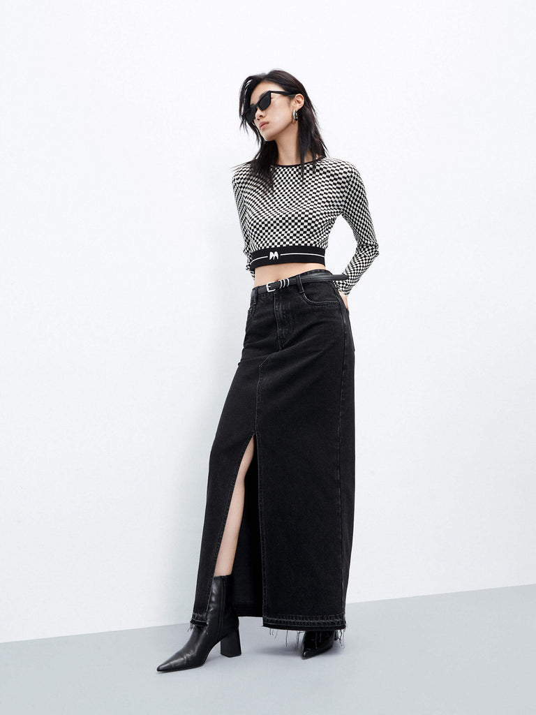 MO&Co. Women's Slit Cotton Denim Maxi Skirt in Washed Black