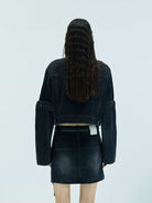 MO&Co. X Coperni Collection | Women's Paneled Open Elbow Black Denim Jacket