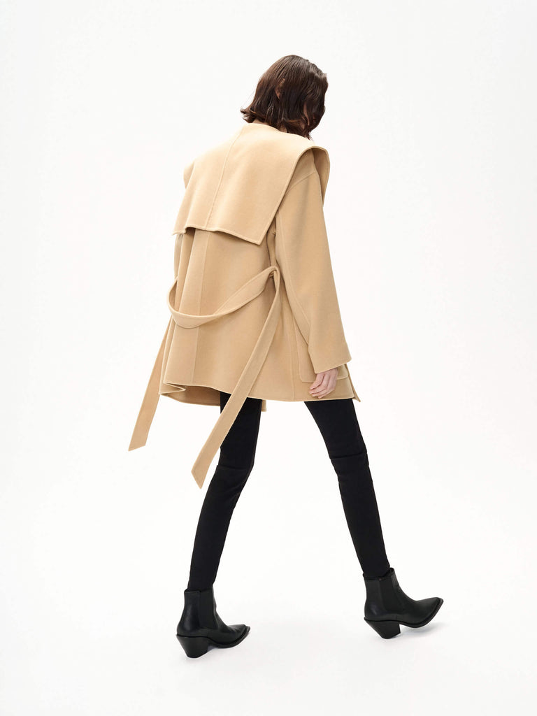 MO&Co. Women's Wide Collar Double Faced Wool Short Coat with Belt in Camel