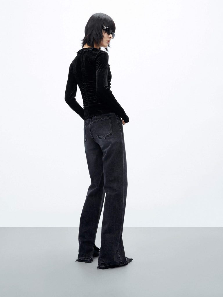 MO&Co. Women's V Neck Long Sleeve Slim Ruffle Velvet Top in Black 