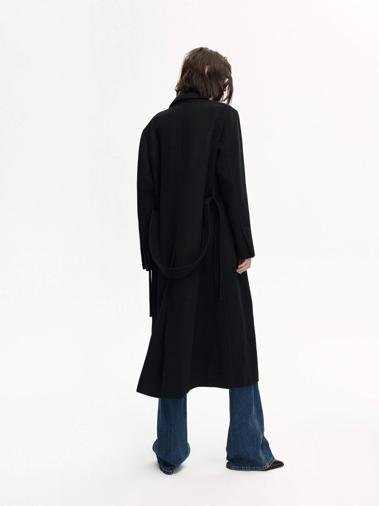 MO&Co. Women's Black Belted Double Faced Wool Long Coat 