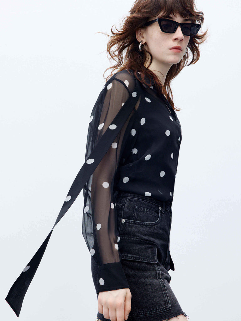 MO&Co. Women's Tie Detail Polka Dot Sheer Blouse in Black