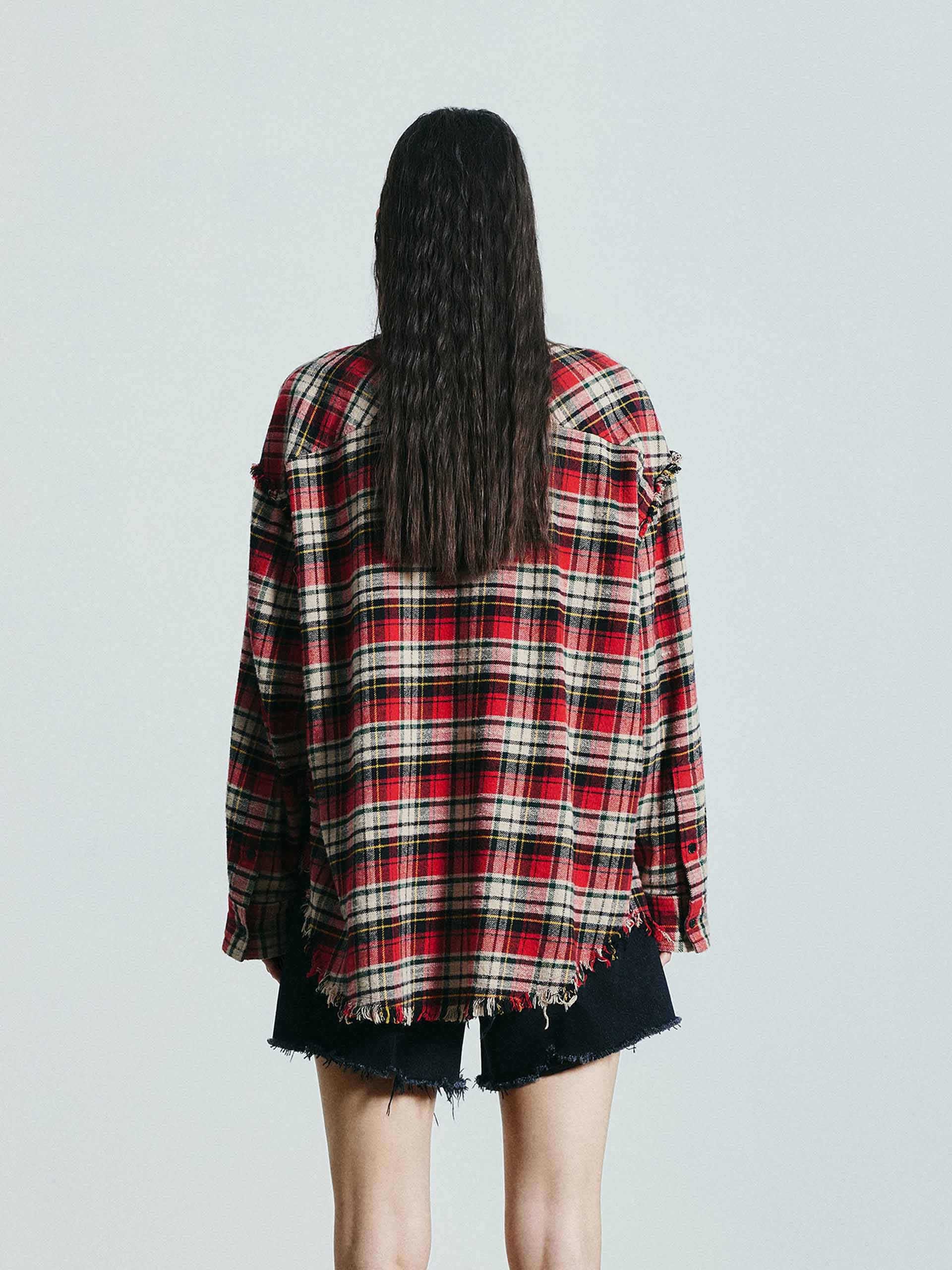 MO&Co. Women's Crystal Detail Plaid Shirt with Raw Edge