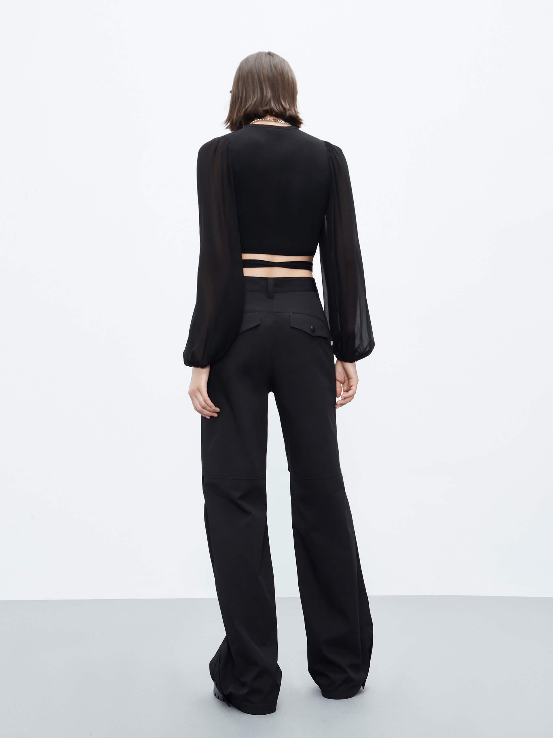 MO&Co. Women's Black Tie Detail Long Balloon Sleeves Crop Top