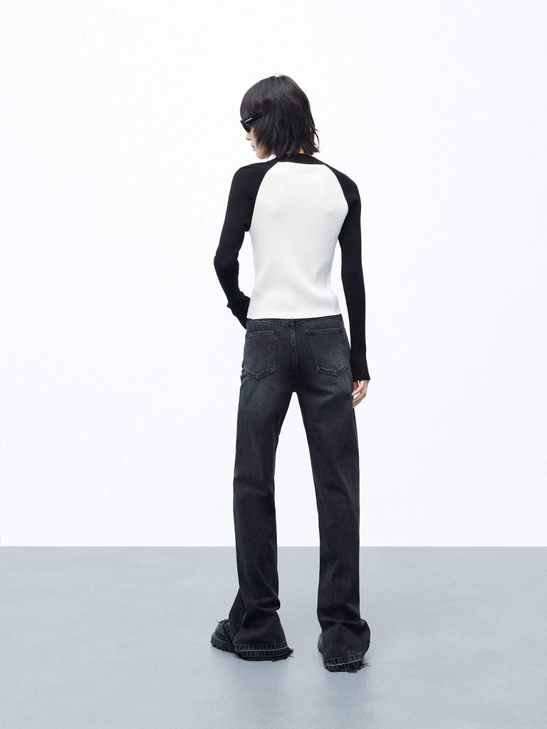 MO&Co. Women's Two Tone Raglan Sleeve Zip Up Knit Sweater Cardigan in White