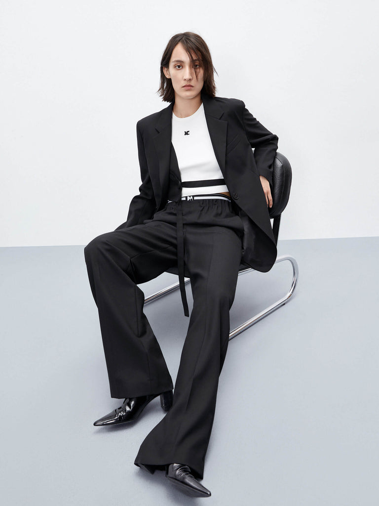 MO&Co. Women's Black Wool Blend Elastic Waist Tailored Trousers