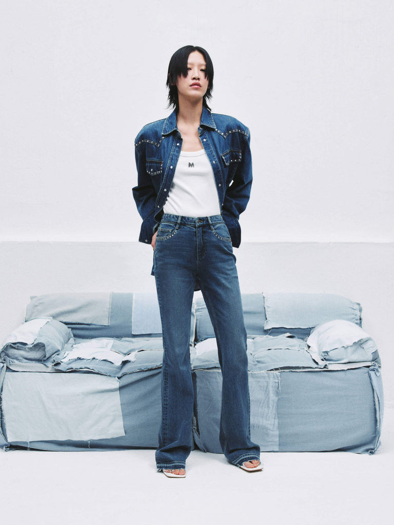 MO&Co. Women's Blue Oversized Fit Zircon Detail Denim Jacket