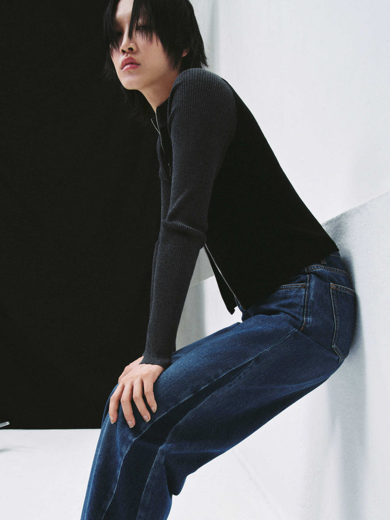 MO&Co. Women's Two Tone Raglan Sleeve Zip Up Knit Sweater Cardigan in Black
