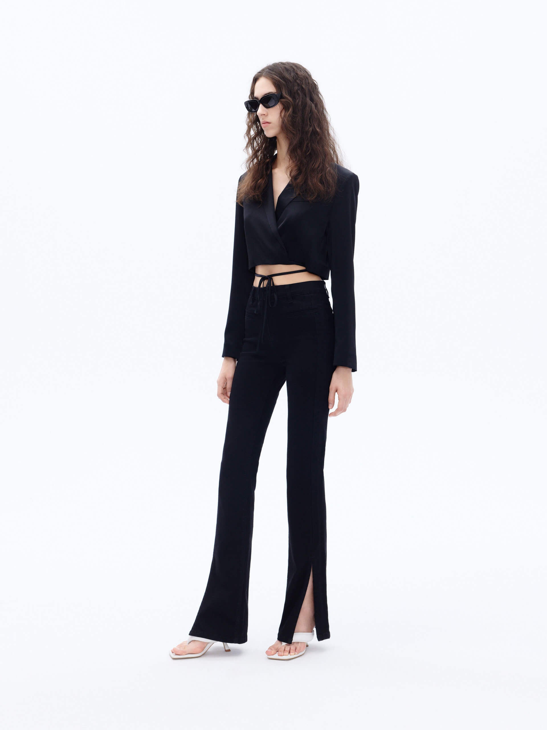 MO&Co. Women's Strap Details Satin Cropped Blazer in Black