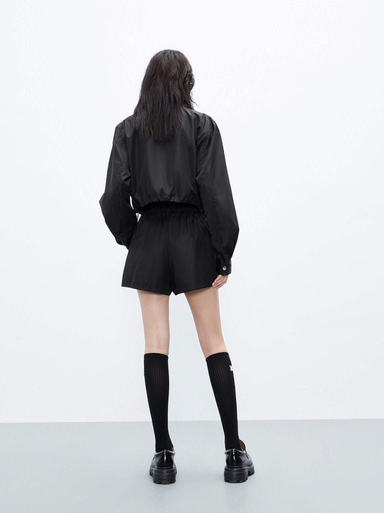MO&Co. Women's Drawstring Elastic Waist Logo Shorts in Black