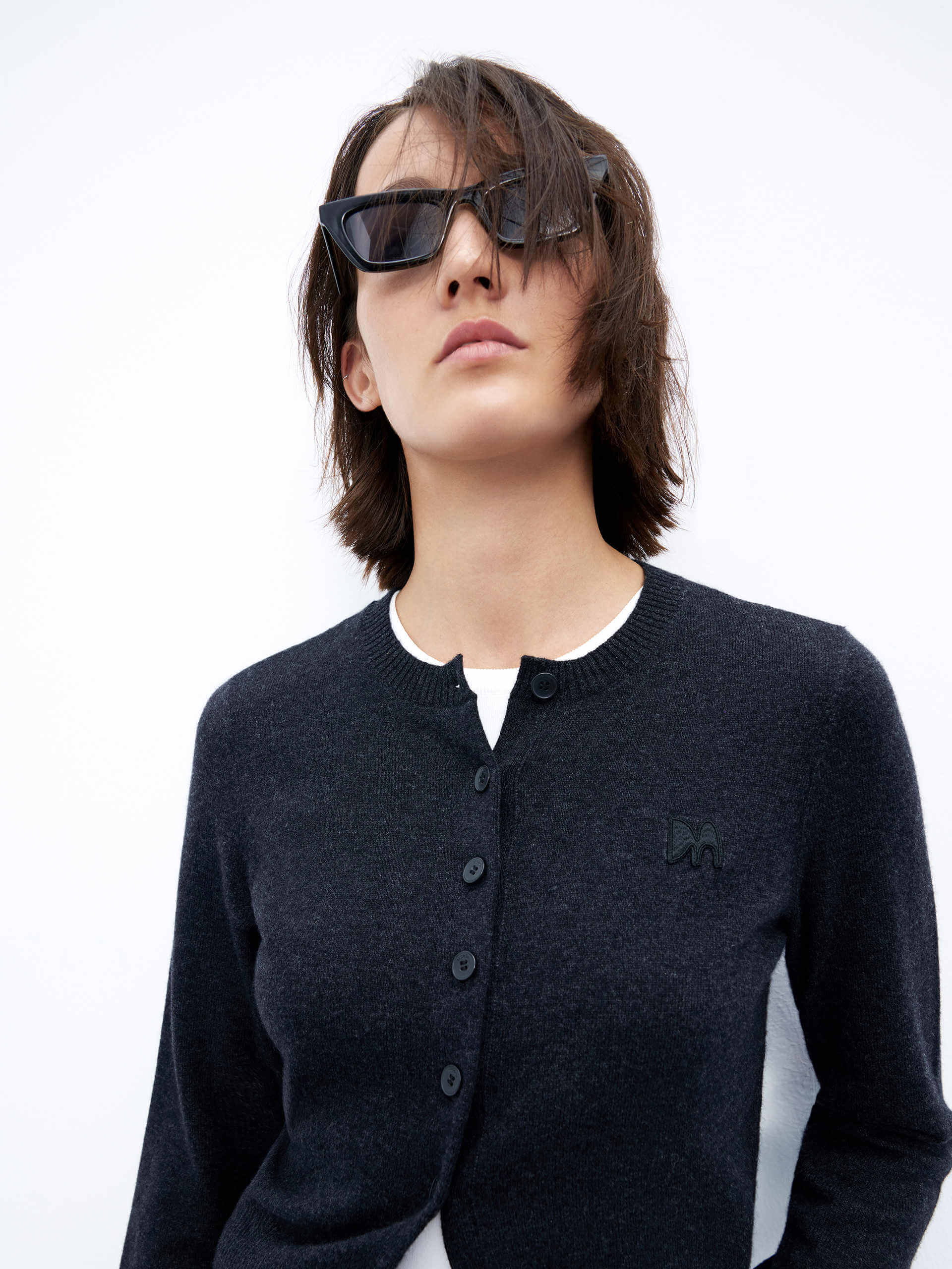 MO&Co. Women's Regular Fit Knitted Crew Neck Basic Cardigan in Black