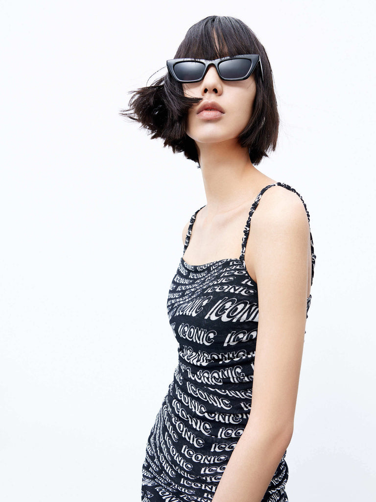 MO&Co. Women's Black Allover Letter Print Cami Bodycon Mini Dress 