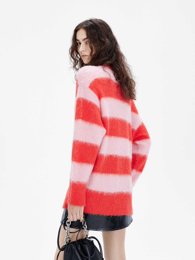 MO&Co. Women's Loose Striped Fluffy Knit Sweater Alpaca Fleece Blend in Pink and Red