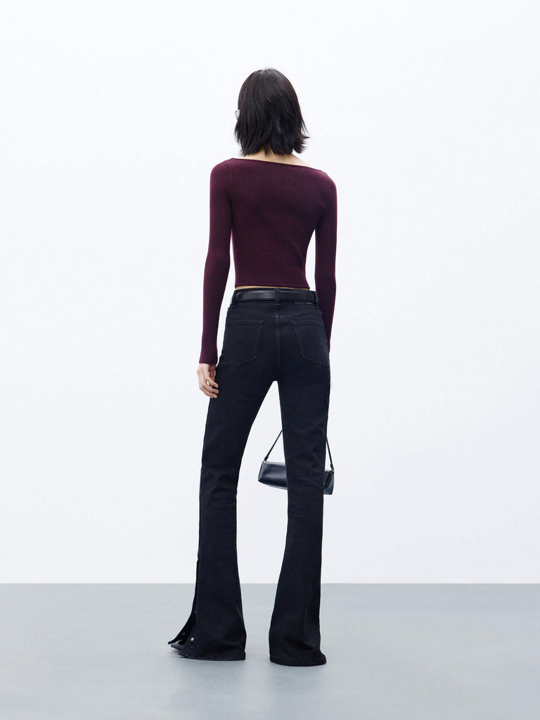 MO&Co. Women's Mid Waist Side Slit Flared Jeans in Black