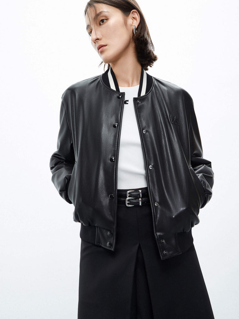 MO&Co. Women's Black Faux Leather Bomber Jacket with Contrast ribbed trims
