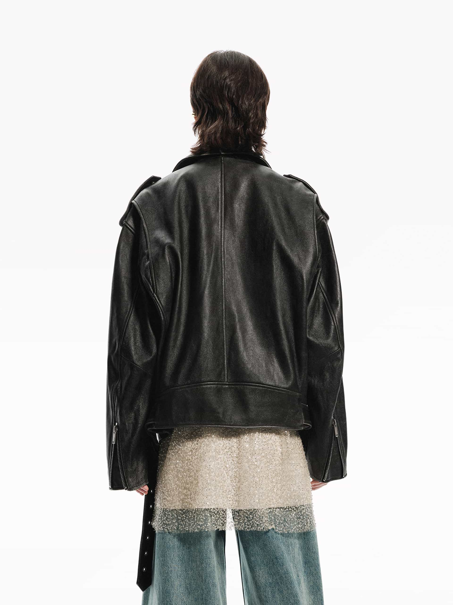 MO&Co. Noir Women's Retro Oversized Ovine Leather Biker Jacket