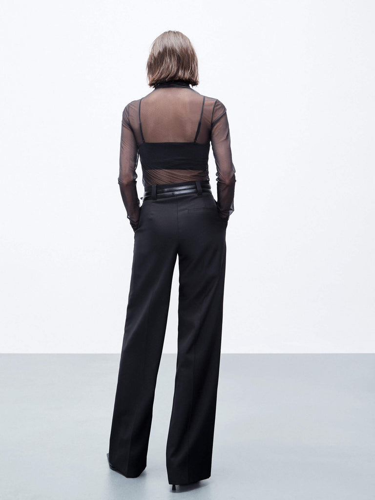 MO&Co. Women's Black Sheer Tulle Long Sleeve Mesh Top Regular Fit