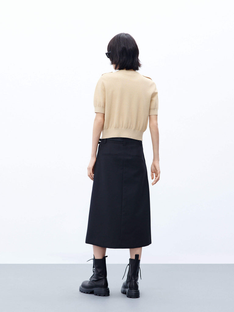 MO&Co. Women's Black Pleated Wool Blend Midi Skirt with Belt