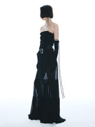 MO&Co. Noir Women's Silk Smocked Maxi Evening Tube Dress in Black with gloves and belt