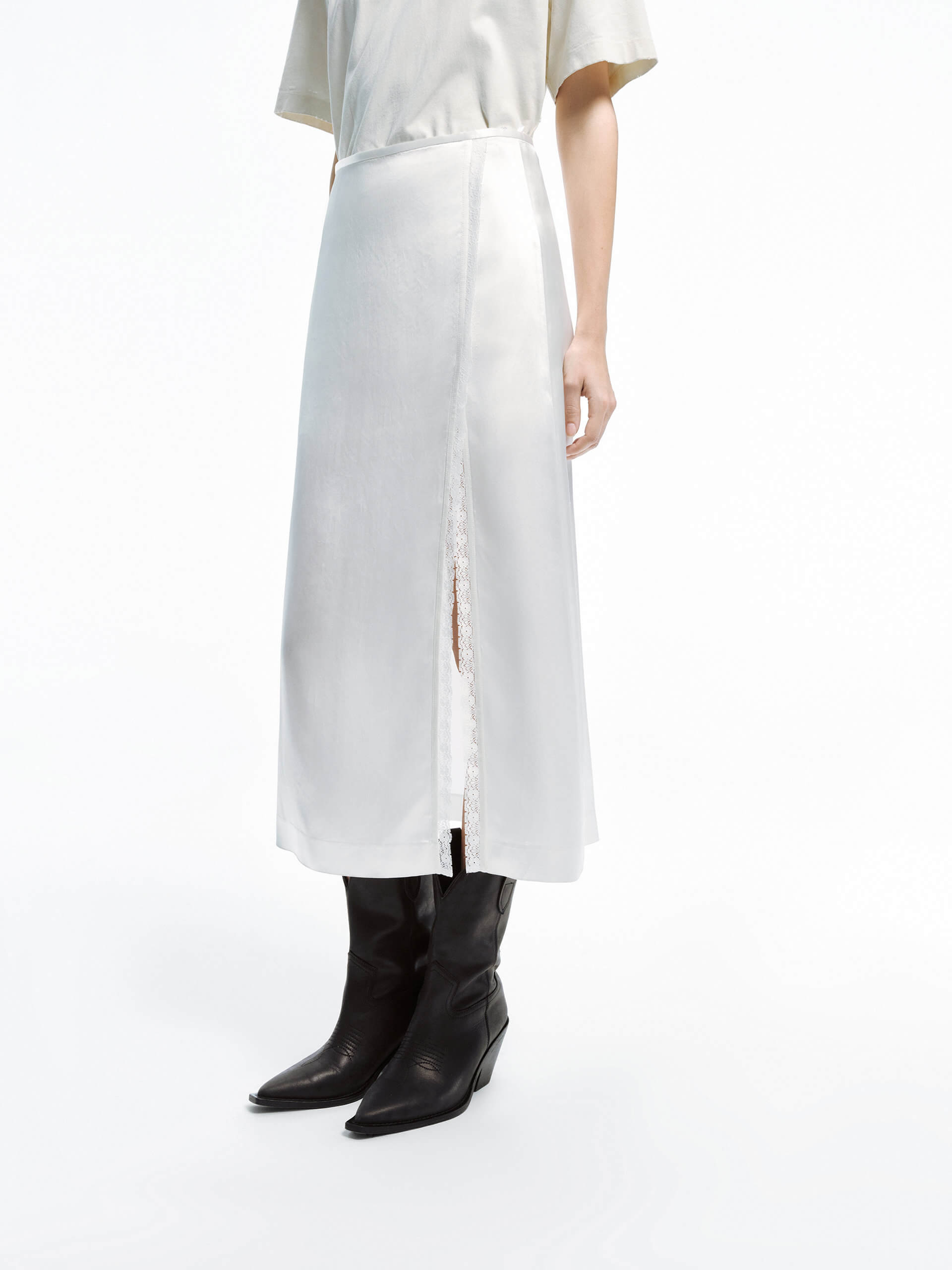 MO&Co. Women's Slant Slit Detail Solid Color A-line Midi Skirt in Acetate White with lace trimmed