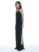 MO&Co. Noir Women's Fringed Detail Maxi Spaghetti Evening Dress Black