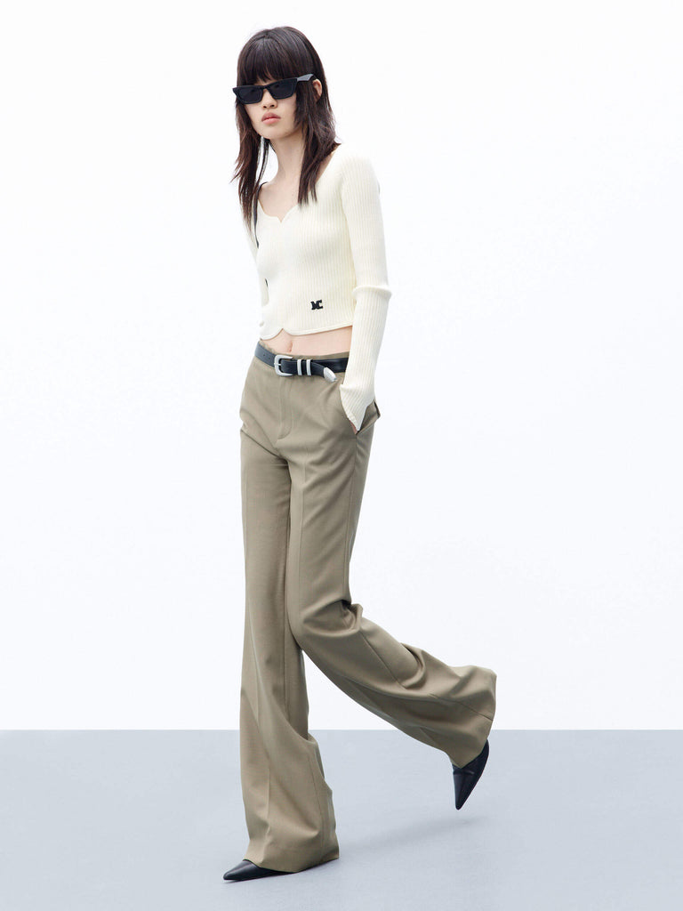 MO&Co. Women's Olive Full Length High Rise Wide Leg Trousers in Good Wool