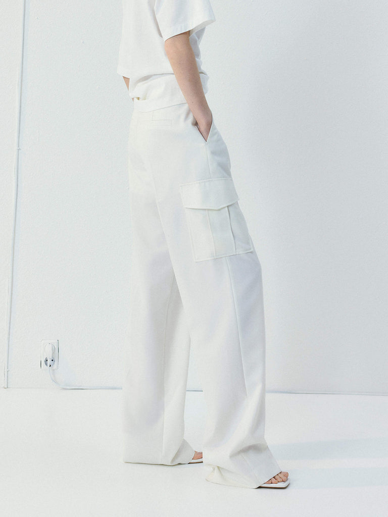  MO&Co. Women's Wool Blend Wide Leg Cargo Trousers in White