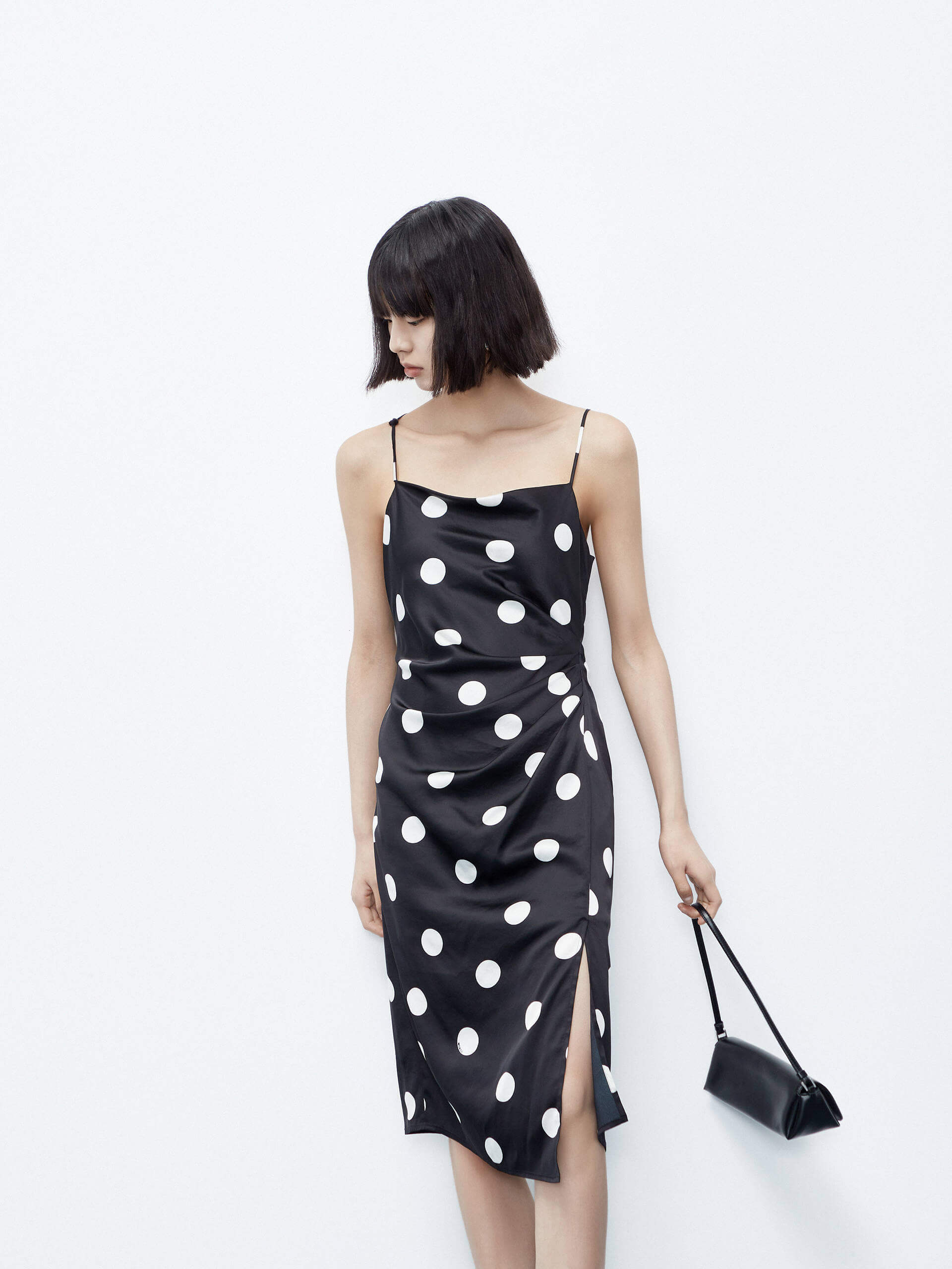 MO&Co. Women's Silk Blend Pleated Cami Dress in Black and White Polka Dot