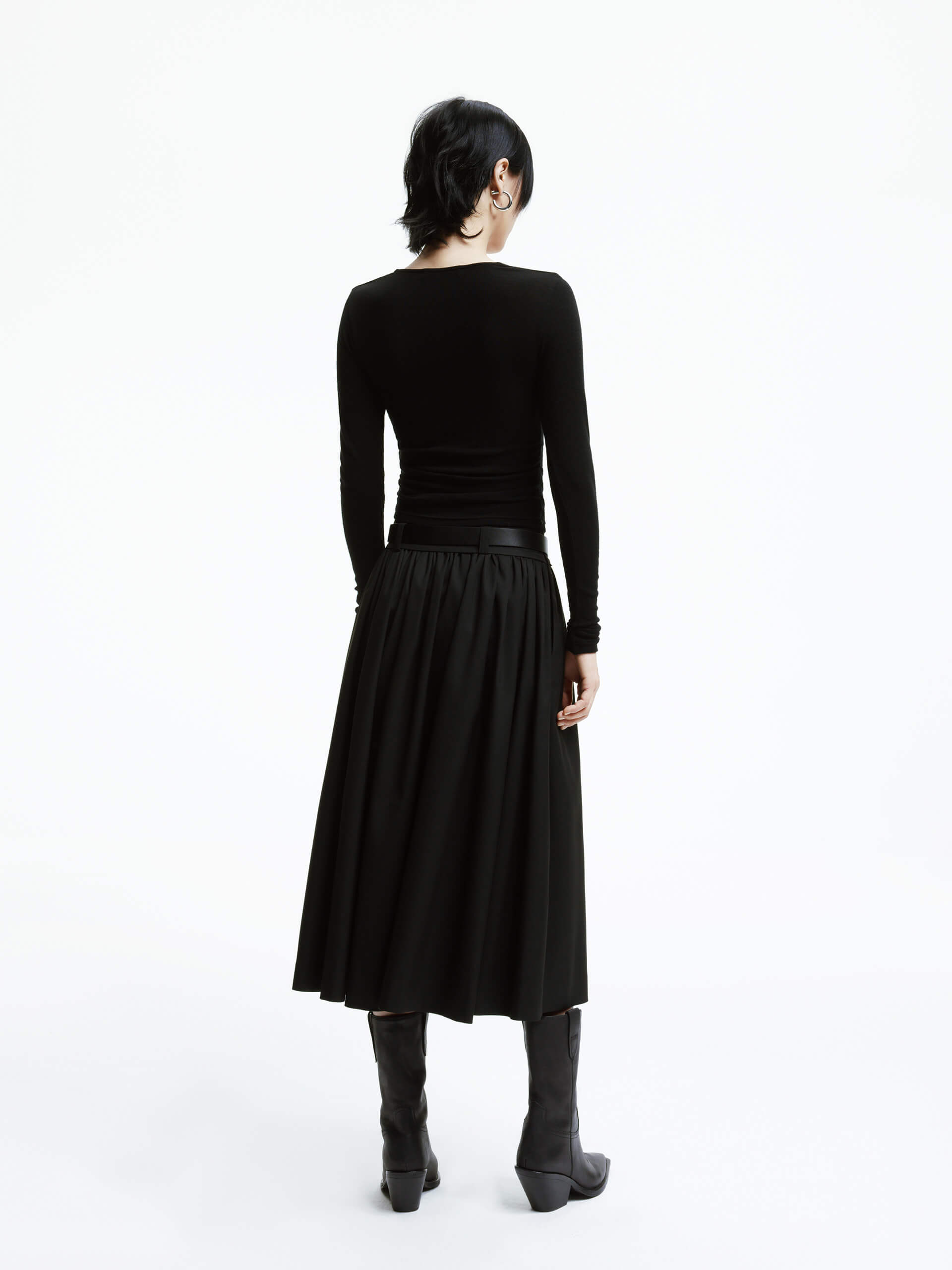 MO&Co. Women's A-line Pleated Midi Skirt with Belt Side Pockets in Black