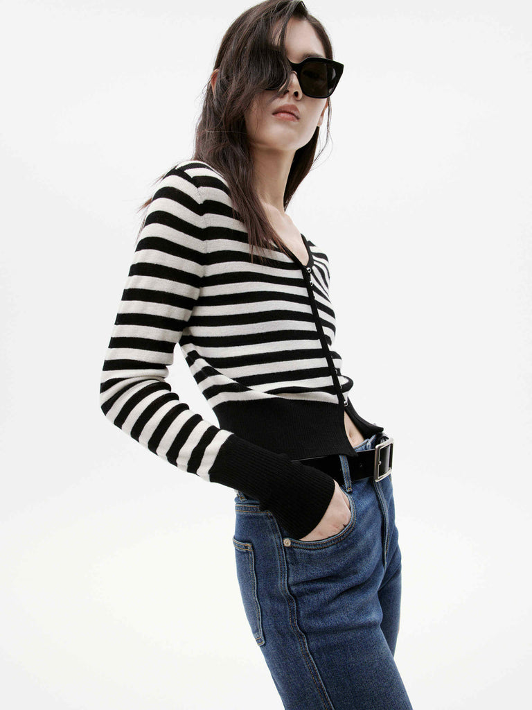 MO&Co. Women's 100% Wool Black and White Striped Cropped Cardigan with Spaghett