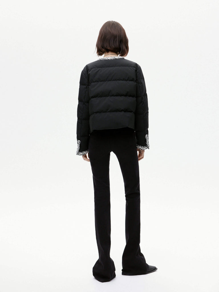 MO&Co. Women's Crochet Details Collarless Puffer Jacket in Black