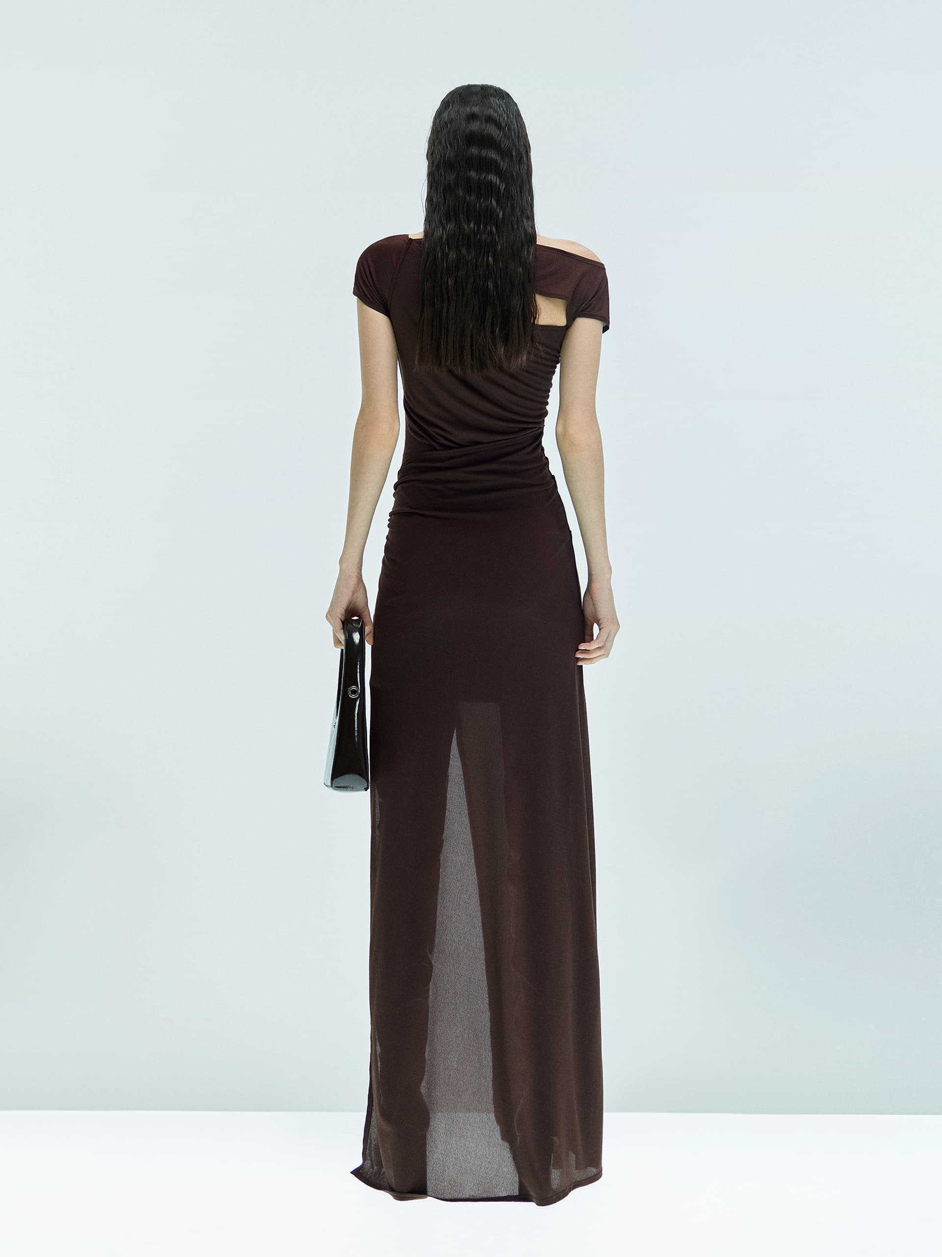 MO&Co. X Coperni Collection | Women's Asymmetric Draped Maxi Dress in Brown