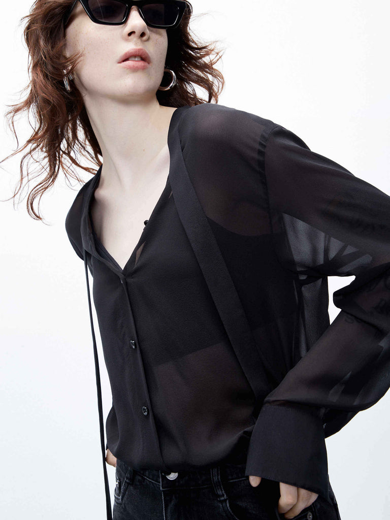MO&Co. Women's Black Tie Neck Long Sleeve Mulberry Silk Shirt