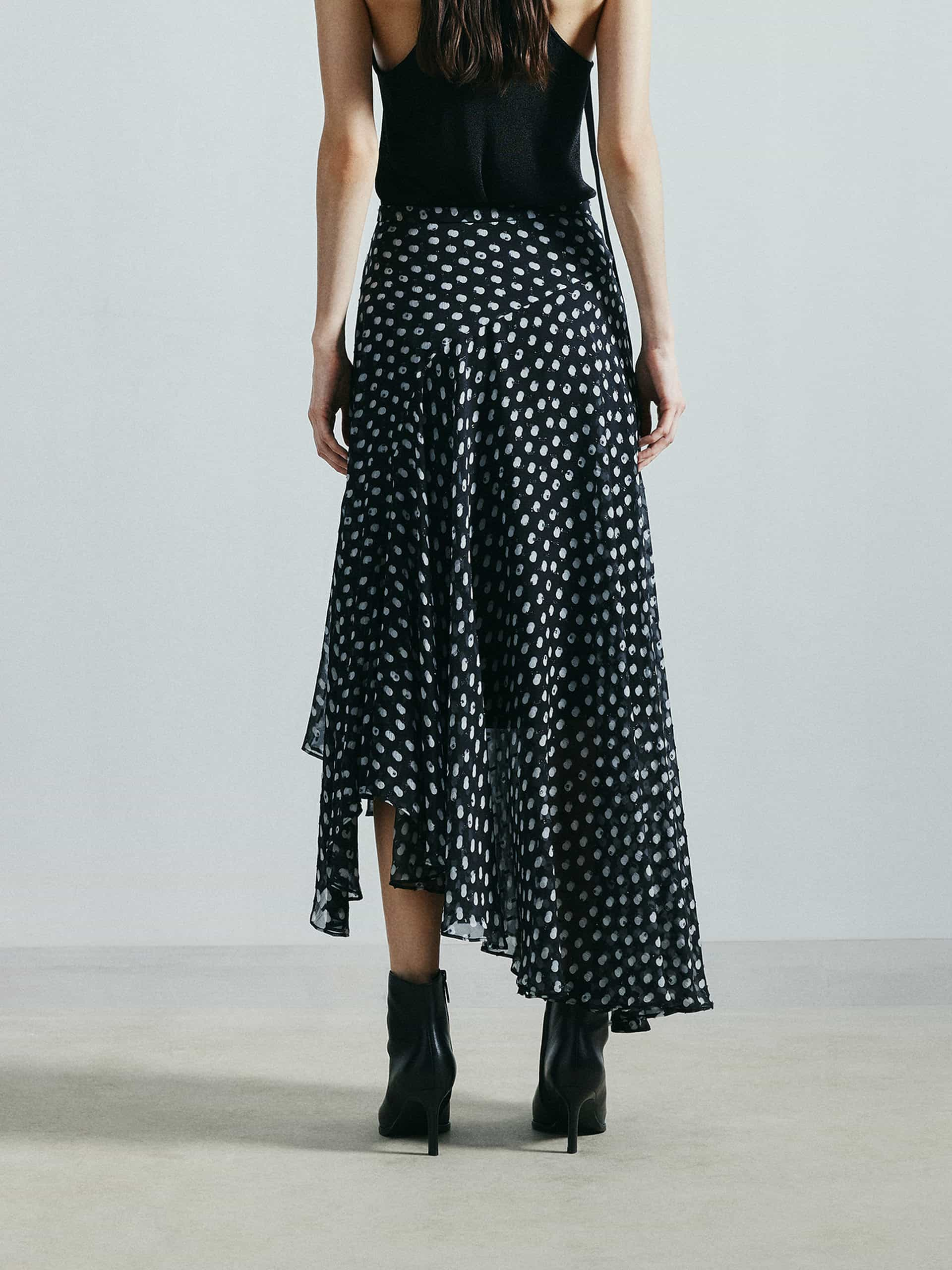 MO&Co. Noir Women's Asymmetric Polka Dot Midi Silk Skirt