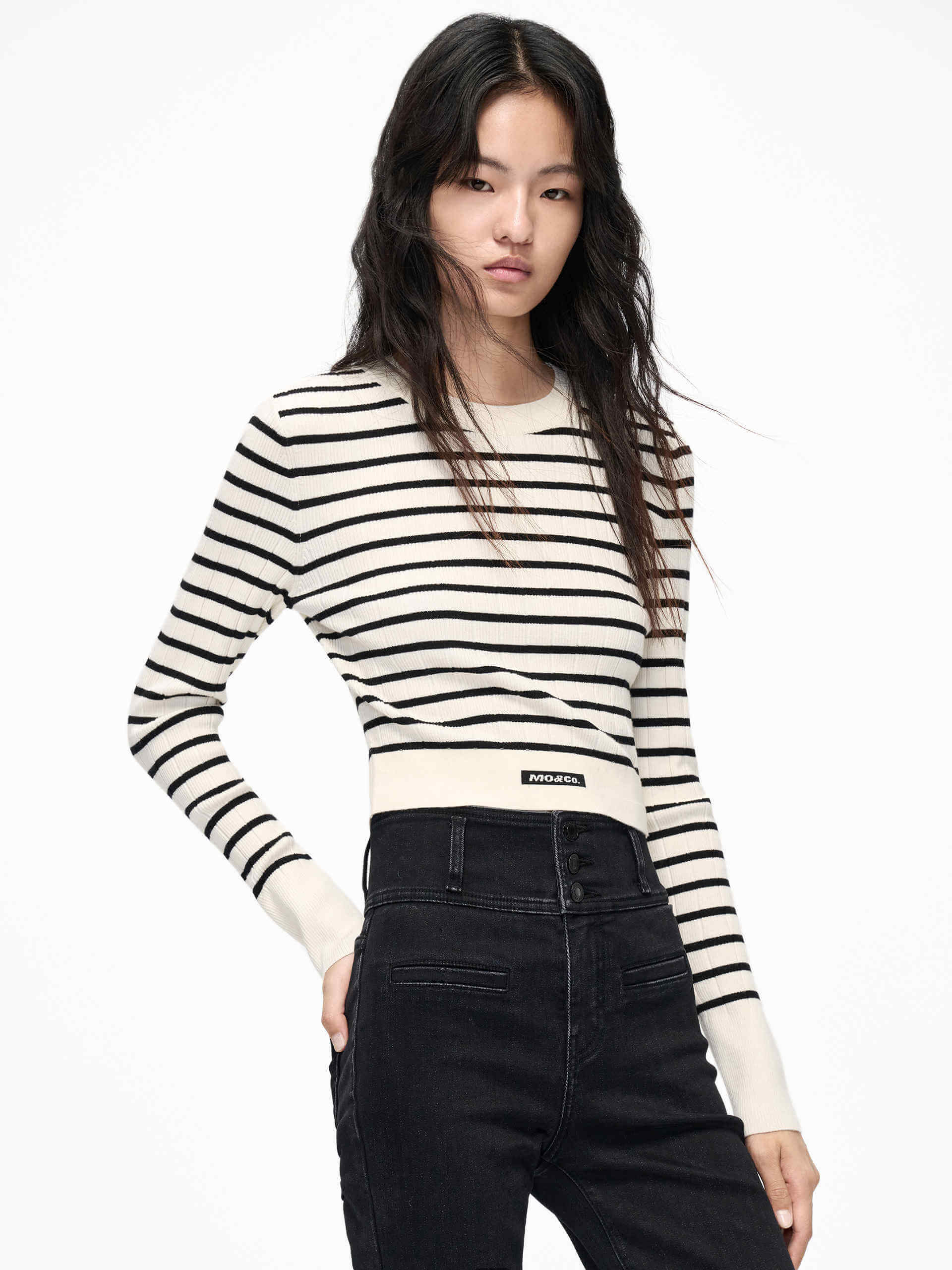 MO&Co. Women's Cropped Tight Fit Striped Rib Knit Top Long Sleeves in Black and White