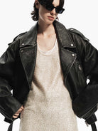 MO&Co. Noir Women's Retro Oversized Ovine Leather Biker Jacket