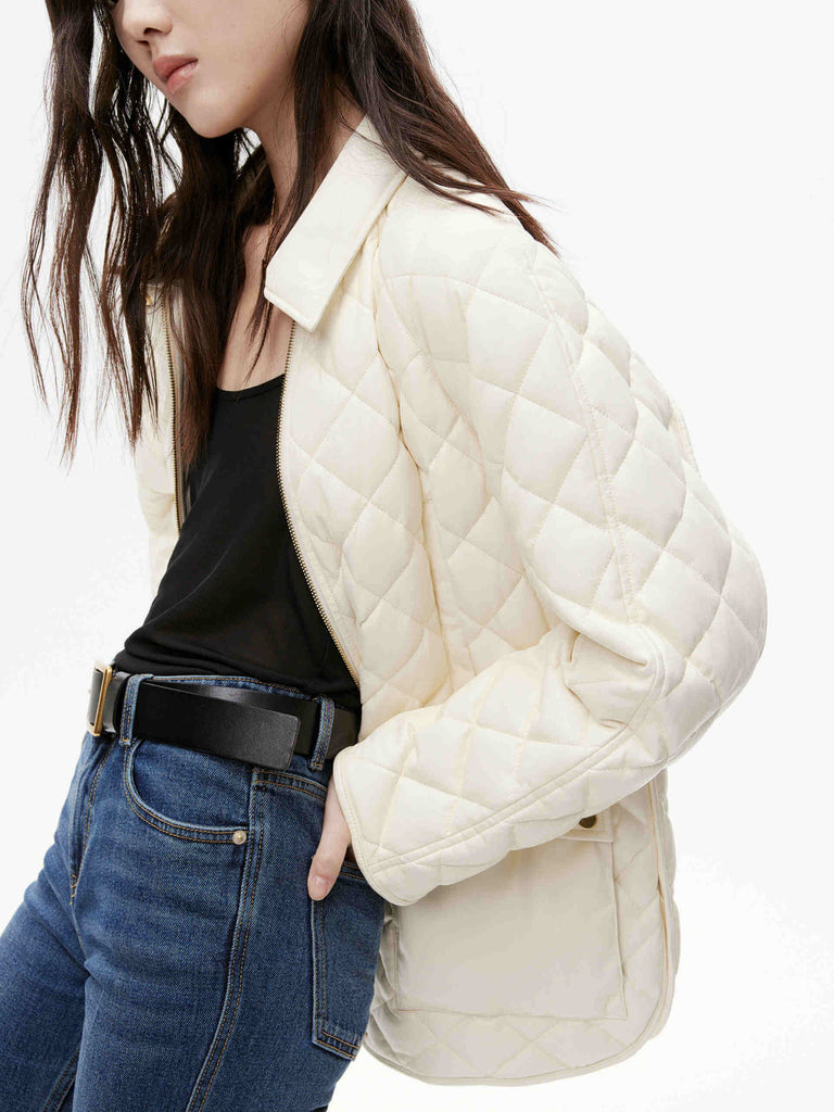 MO&Co. Women's Beige Vegan Faux Leather Loose Quilted Jacket