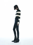 MO&Co. Noir Women's Include Mohair Wool Turtleneck Striped Top with Raw Neckline, cuffs and Hem