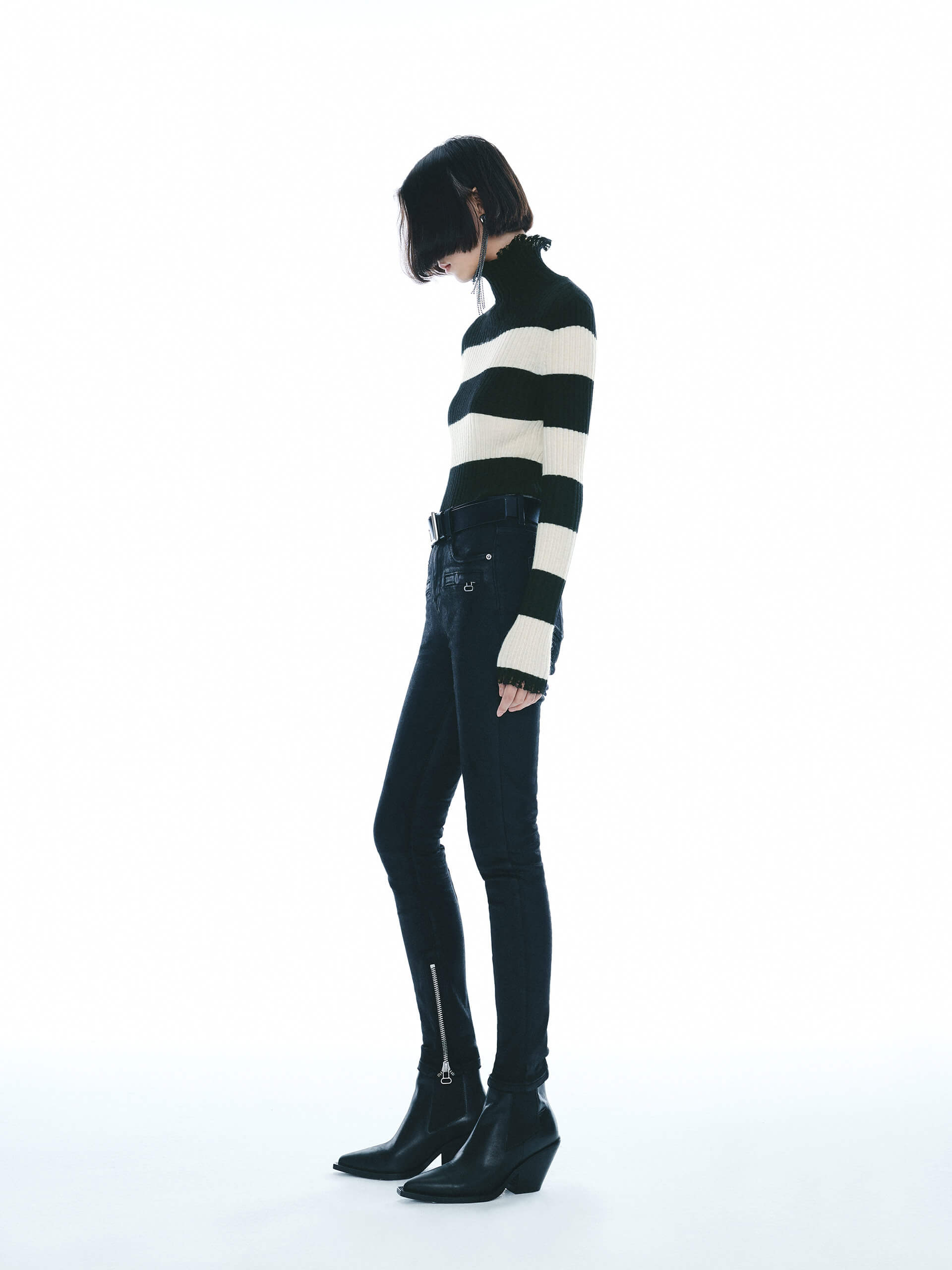 MO&Co. Noir Women's Include Mohair Wool Turtleneck Striped Top with Raw Neckline, cuffs and Hem