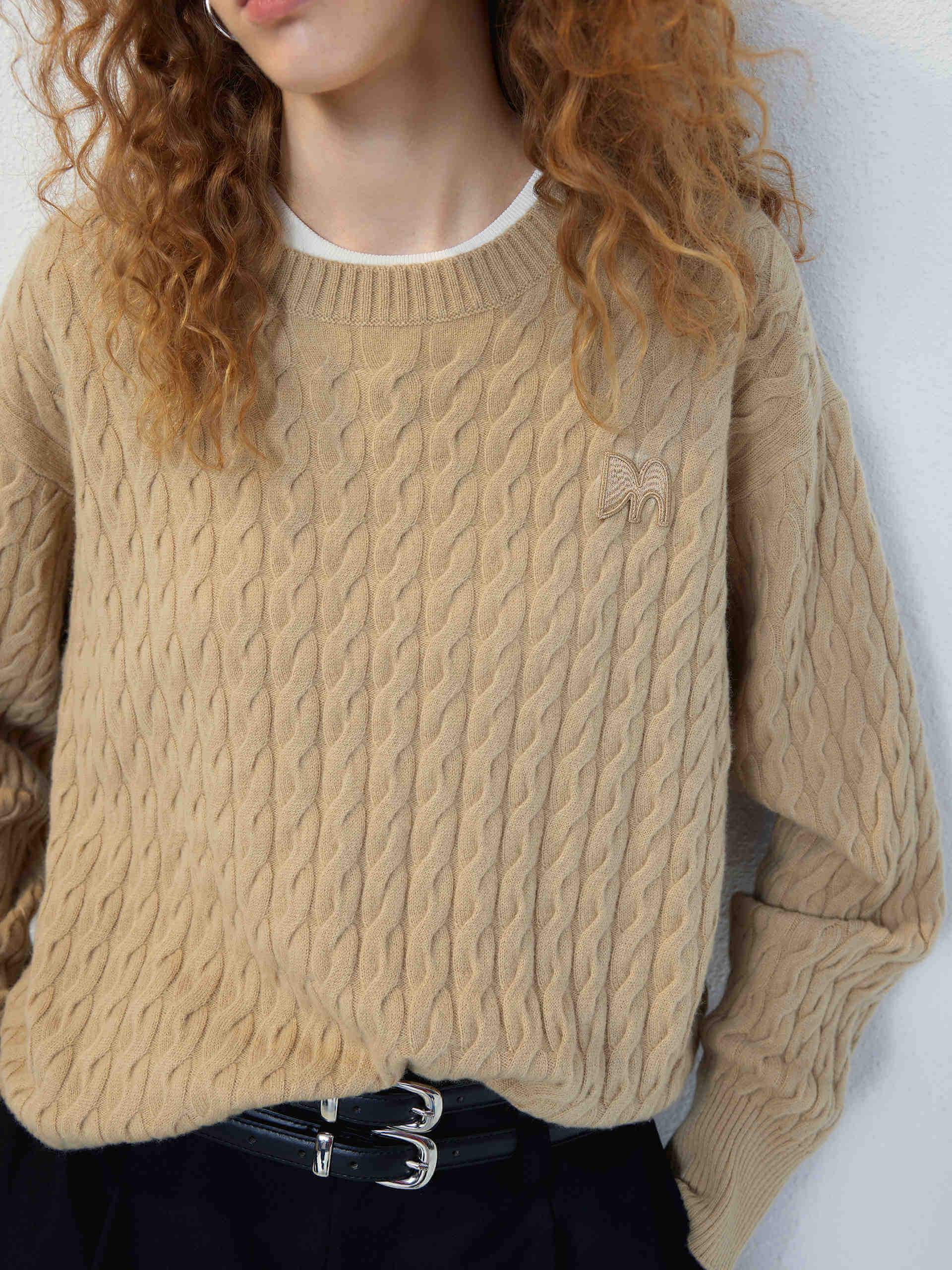 MO&Co. Women's Cable Texture Knit Wool and Cashmere Pullover Sweater in Camel