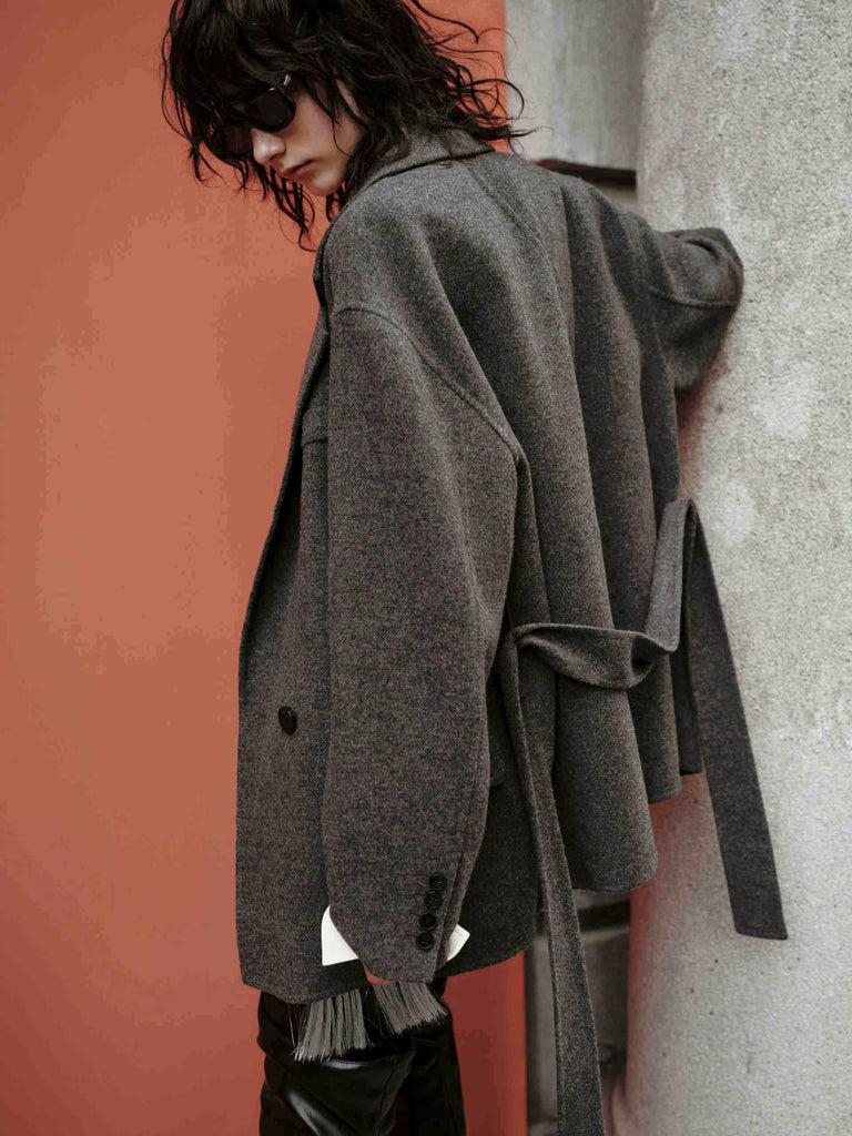 MO&Co. Women's Brown Wool Structured Blazer Coat with Belt Autumn