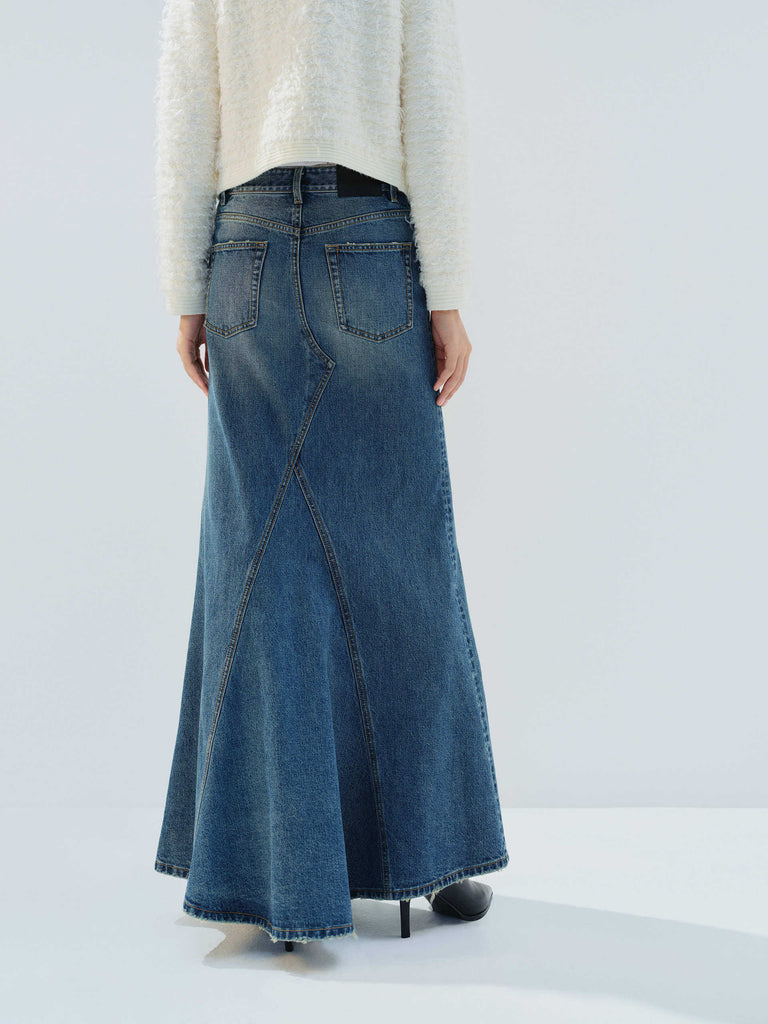 MO&Co. Noir Women's Pure Cotton A-line Paneled Denim Maxi Skirt Blue
