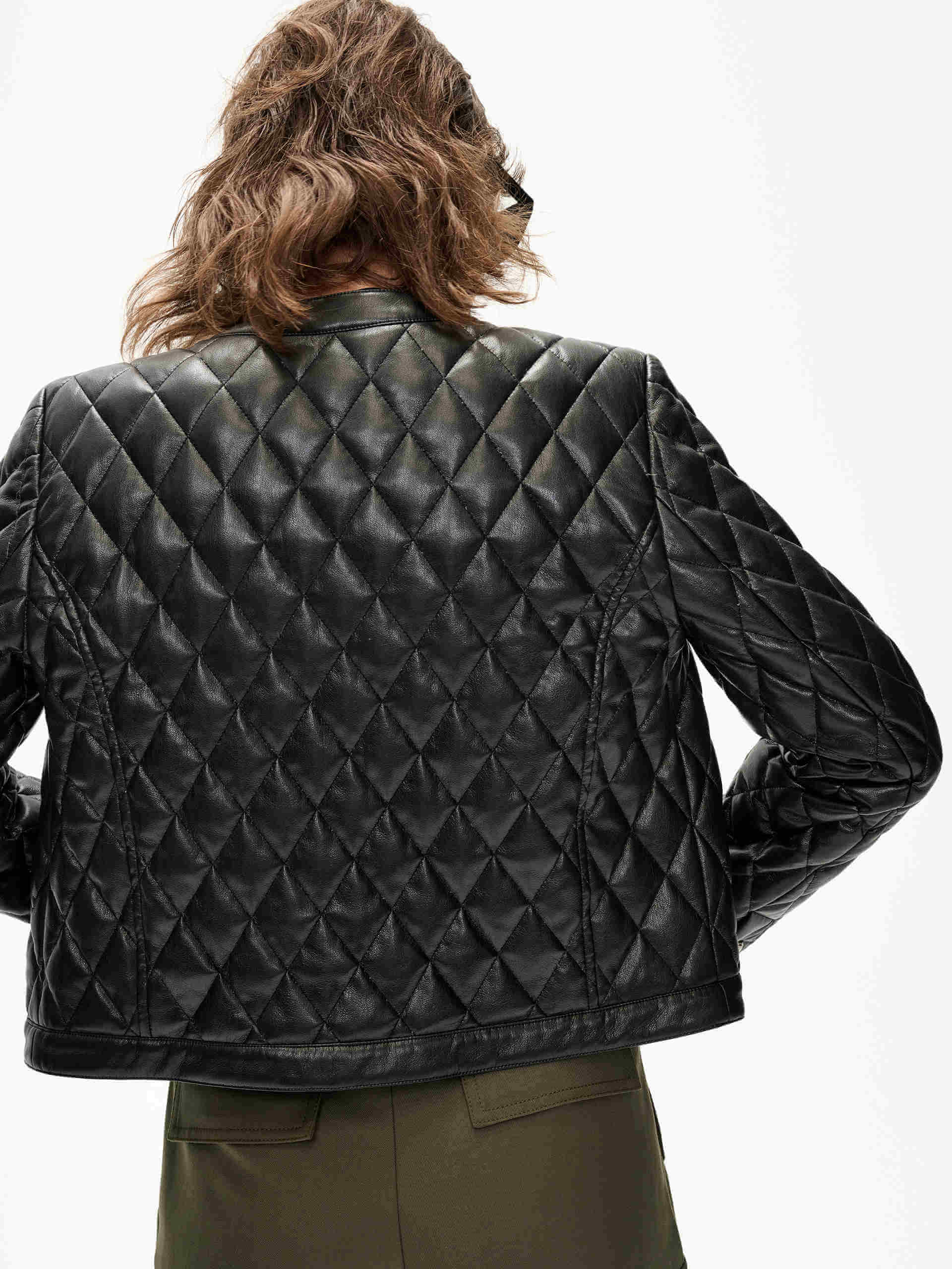 MO&Co. Women's Vegan Faux Leather Collarless Quilted Jacket in Black