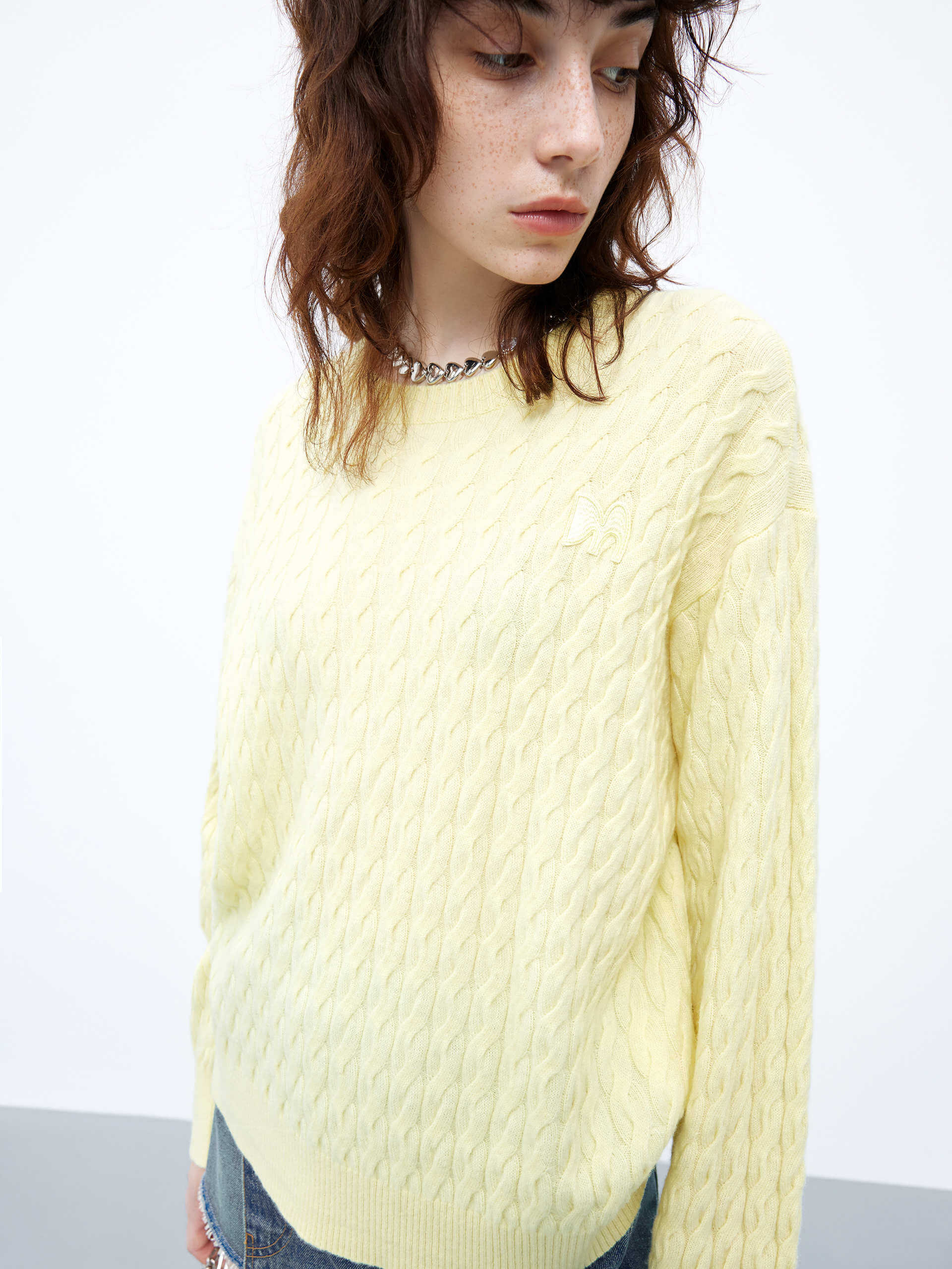 MO&Co. Women's Cable Texture Knit Wool and Cashmere Pullover Sweater in Yellow