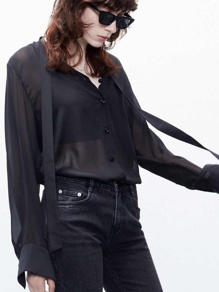 MO&Co. Women's Black Tie Neck Long Sleeve Mulberry Silk ShirtMO&Co. Women's Black Tie Neck Long Sleeve Mulberry Silk Shirt