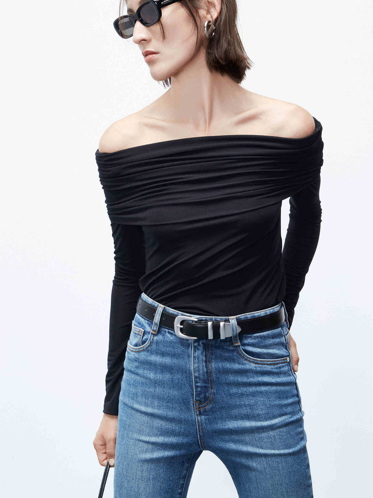MO&Co. Women's Black Stretchy Folded Off Shoulder Top