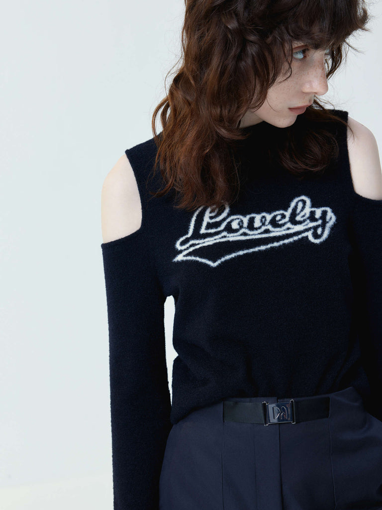 MO&Co. Women's Black Cut Shoulder Slim Letter Jacquard Detail Pullover Sweater