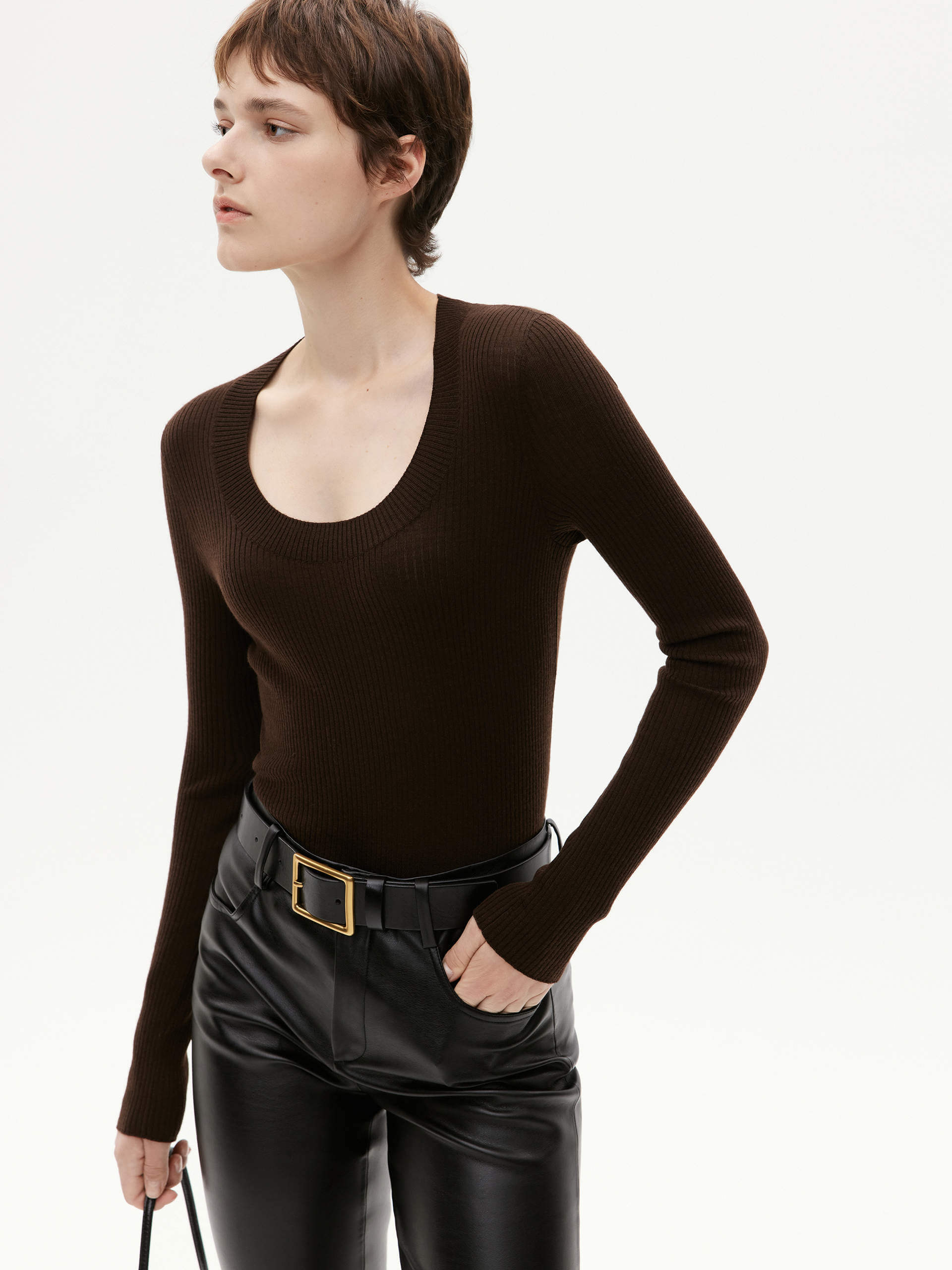 MO&Co. Women's Merino Fine Rib Knit Top Long Sleeves in Brown